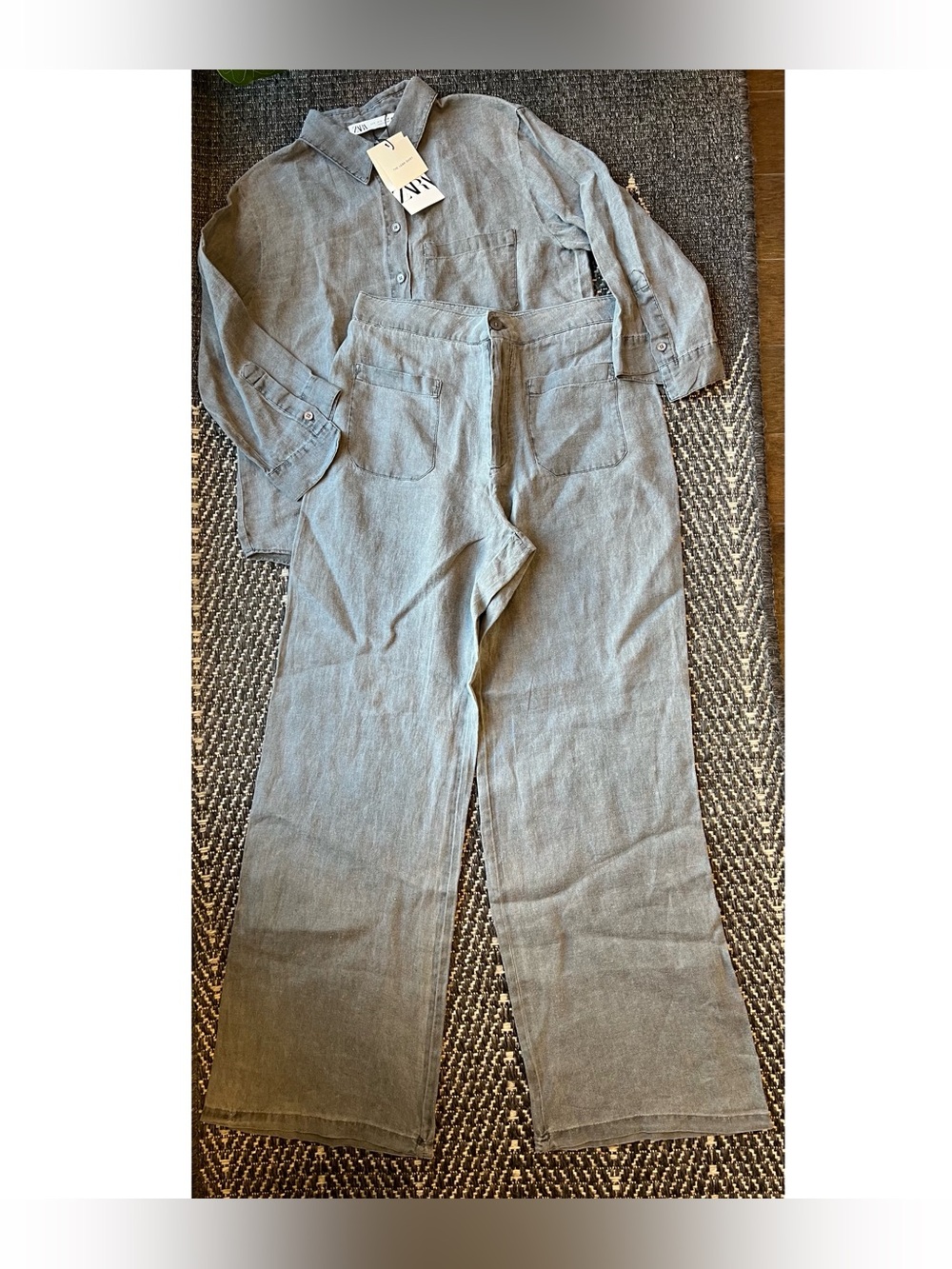 NEW Zara Women Linen Button up Boxy Shirt and Wide Leg Pants Grey S/M Small Med